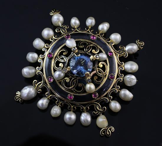 A late Victorian style gold, aquamarine, rose cut diamond and natural pearl brooch, 3in.